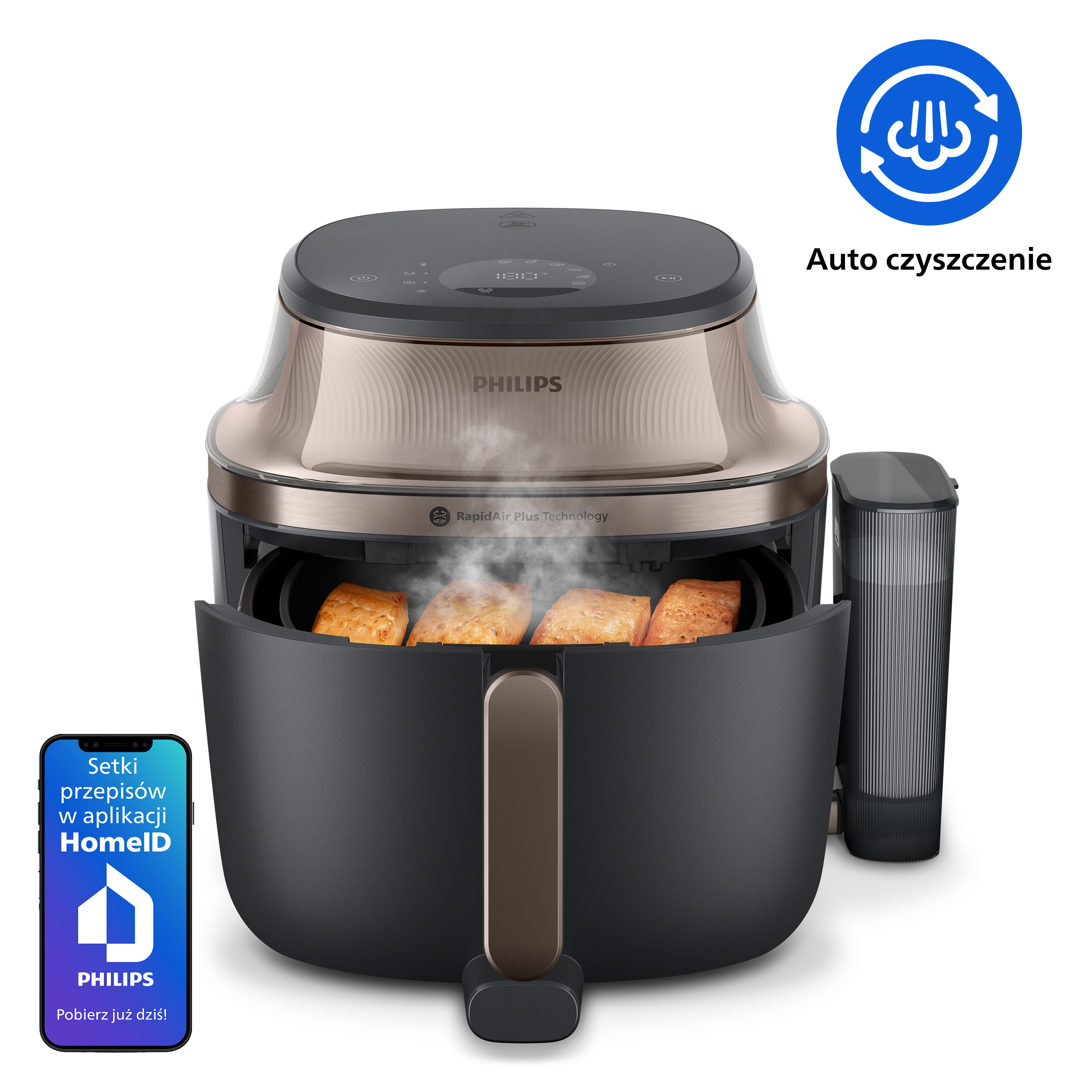 Frytkownica Philips z jedzeniem, smartfonem i ikoną automatycznego czyszczenia.