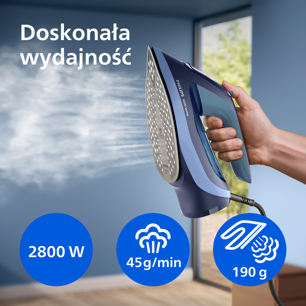 Dłoń trzyma niebieskie żelazko parowe Philips wydzielające parę.