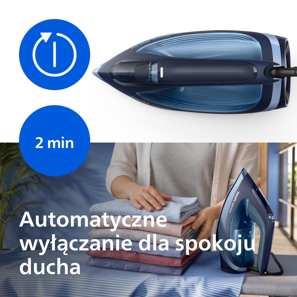 Żelazko parowe z automatycznym wyłączaniem po 2 min i ikoną strzałki kołowej.