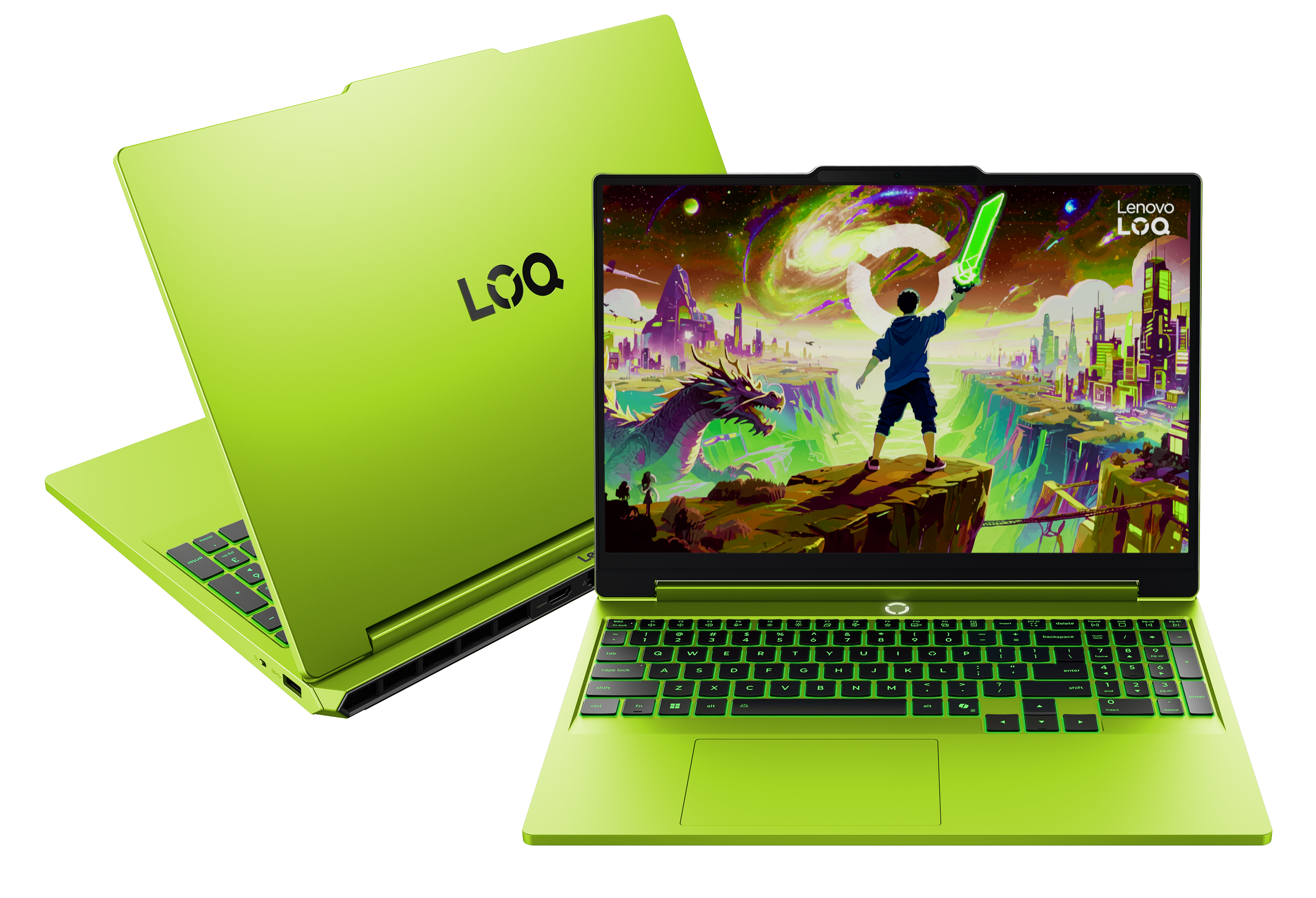 Jasnozielony laptop wyświetlający fantastyczną scenę z smokiem i bohaterem z mieczem.