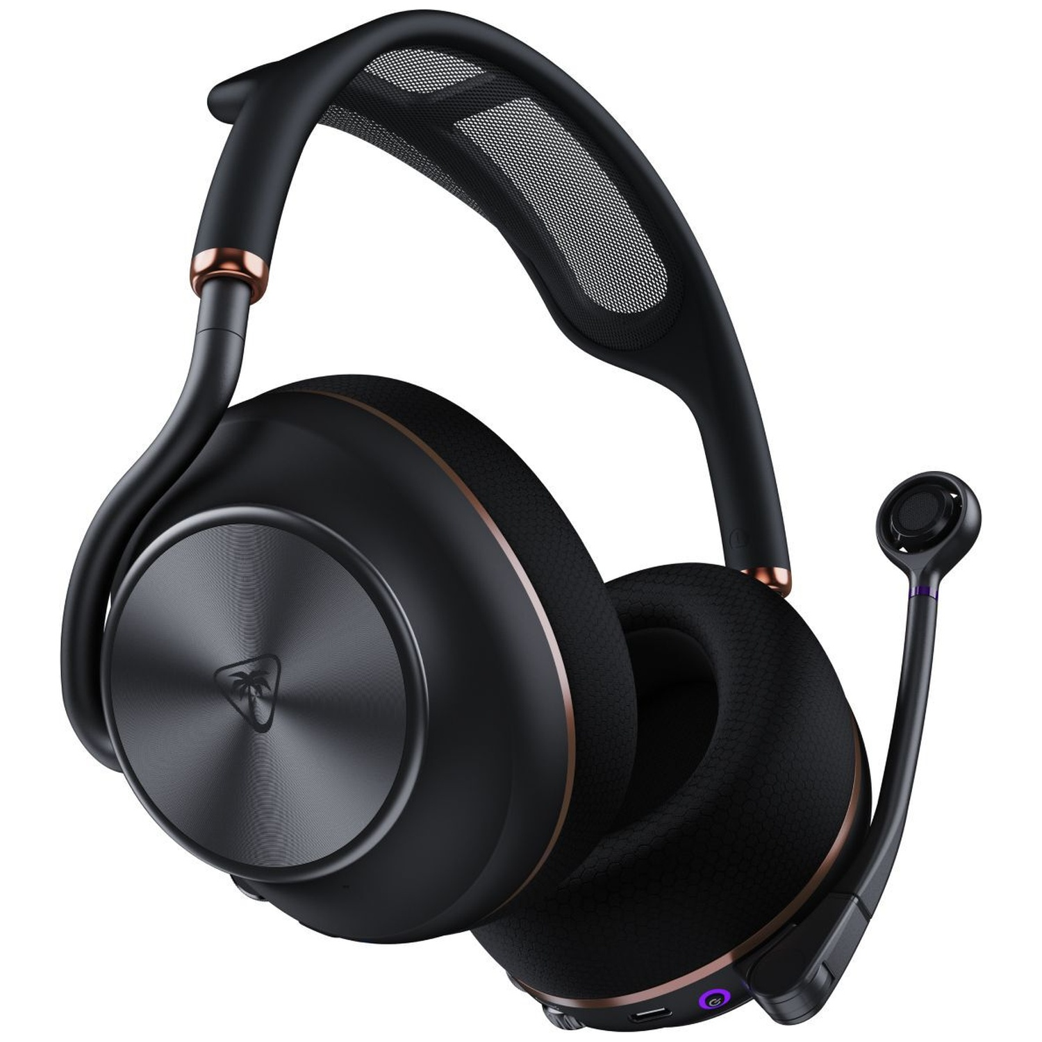 Casque circum-auriculaire noir avec microphone et accents de cuivre sur fond blanc.