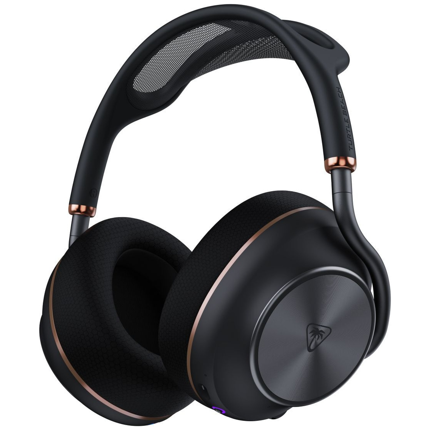 Casque circum-auriculaire noir avec accents or rose et serre-tête en maille.