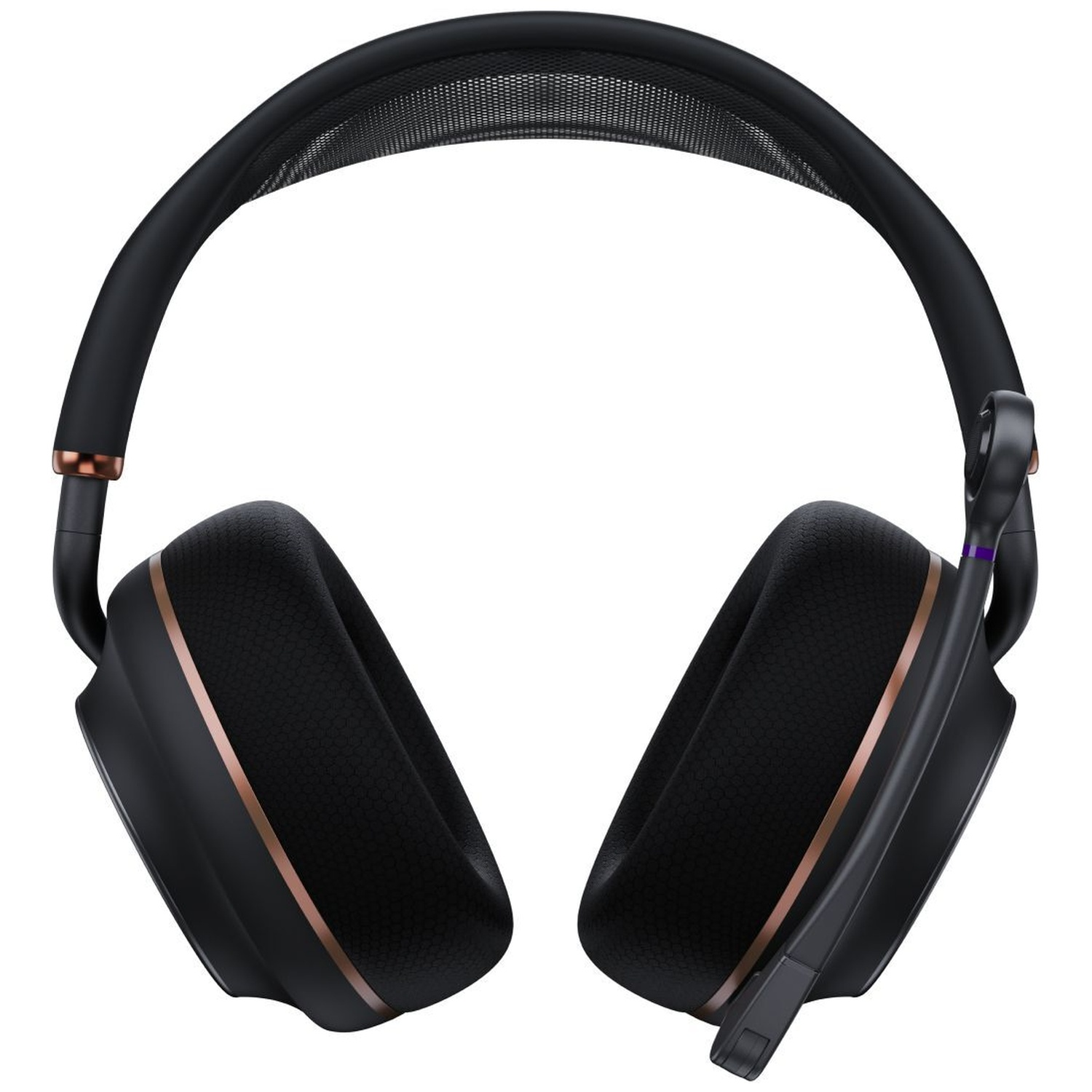 Casque noir avec accents or rose et microphone.