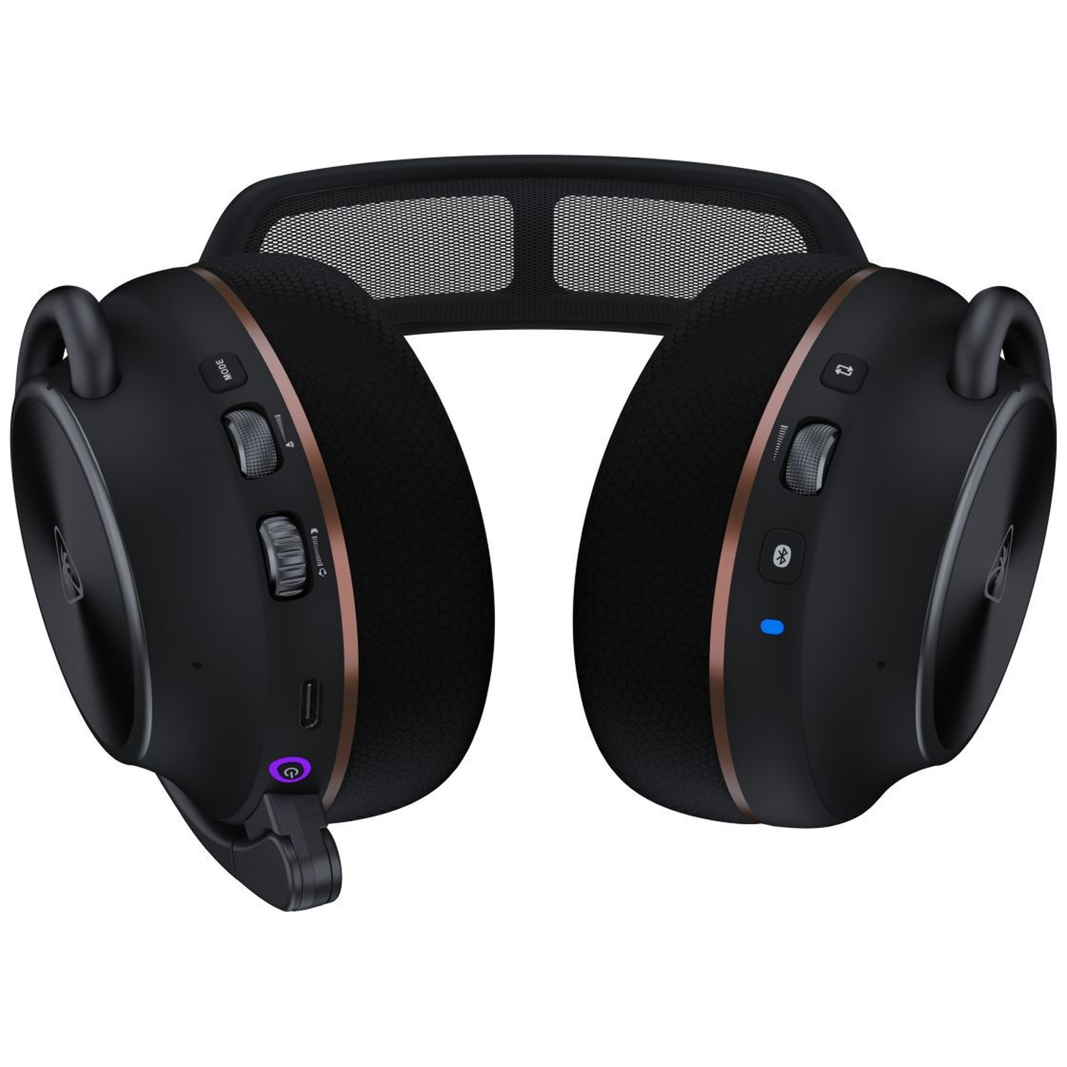 Casque noir circum-auriculaire avec accents de cuivre et serre-tête en maille.