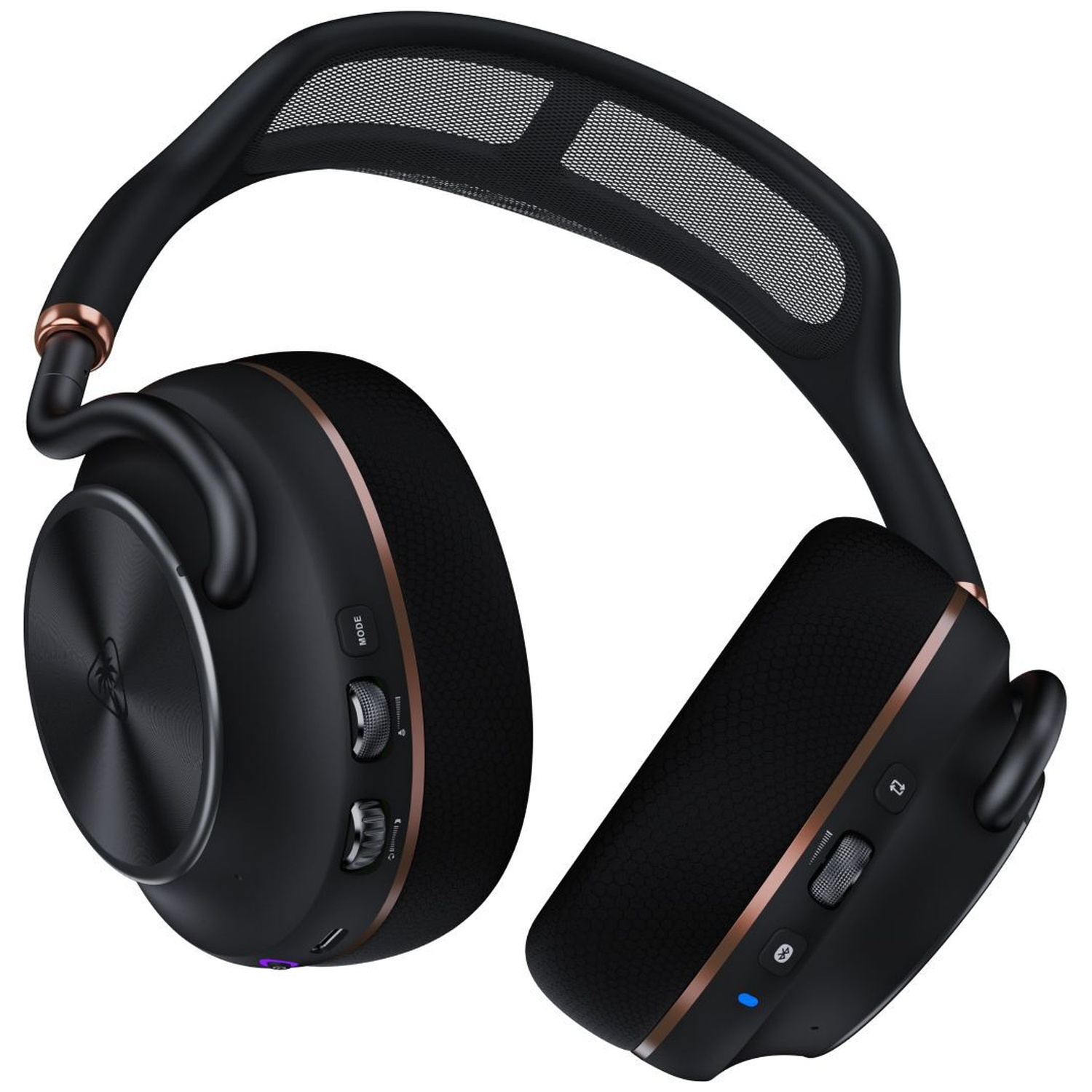 Casque supra-auriculaire noir avec accents de cuivre et bandeau en maille.