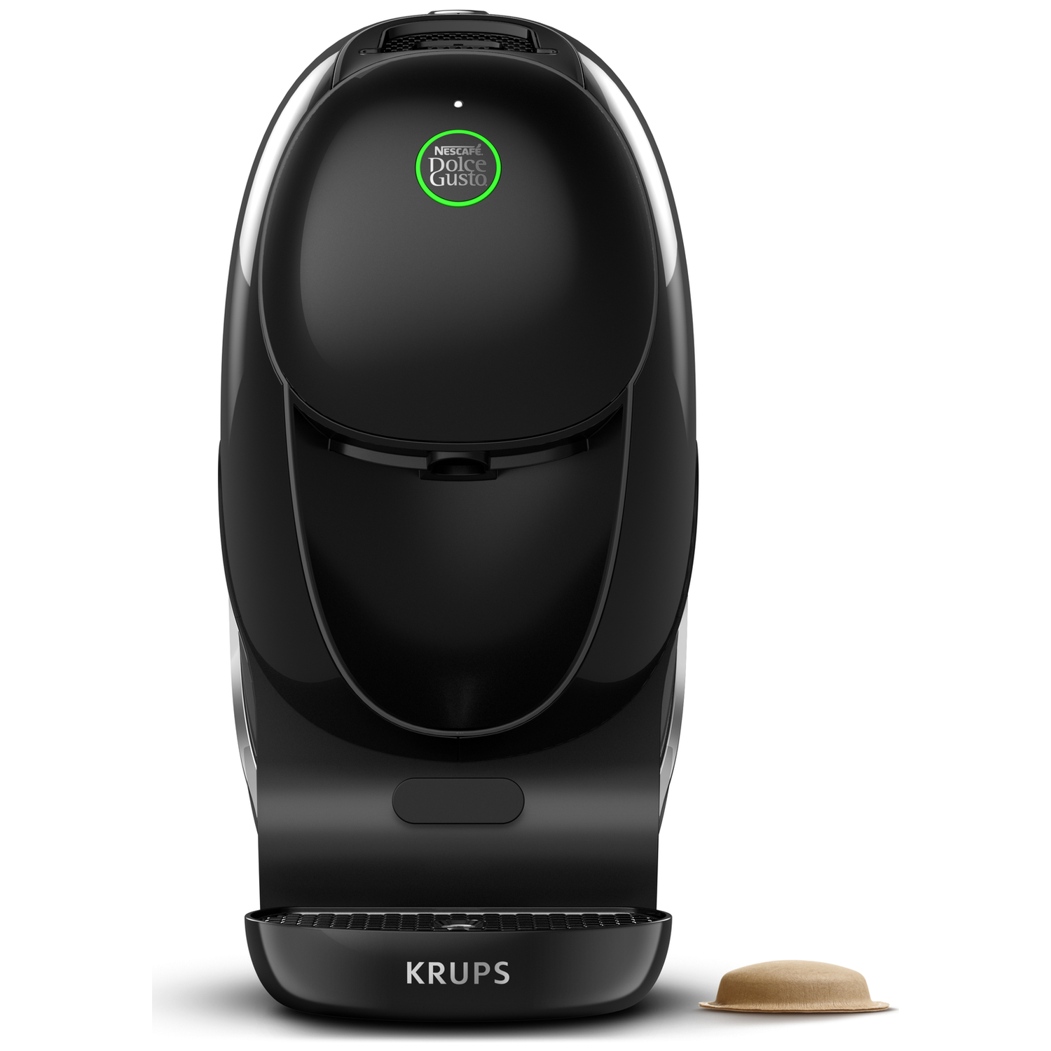 Een zwarte Nescafé Dolce Gusto koffiezetapparaat met een bruine pod op witte achtergrond.