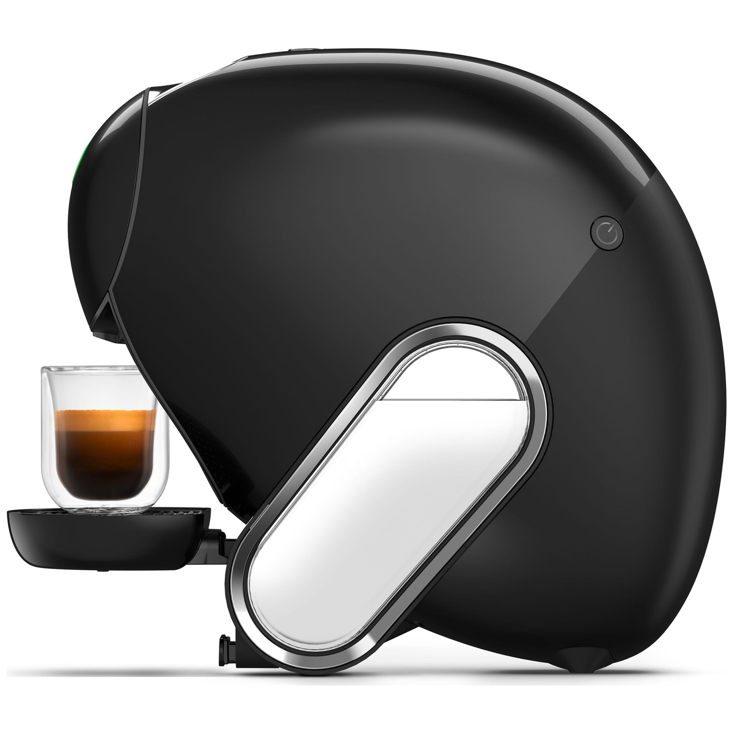 Zwarte koffiemachine met een glas espresso en zichtbaar waterreservoir.