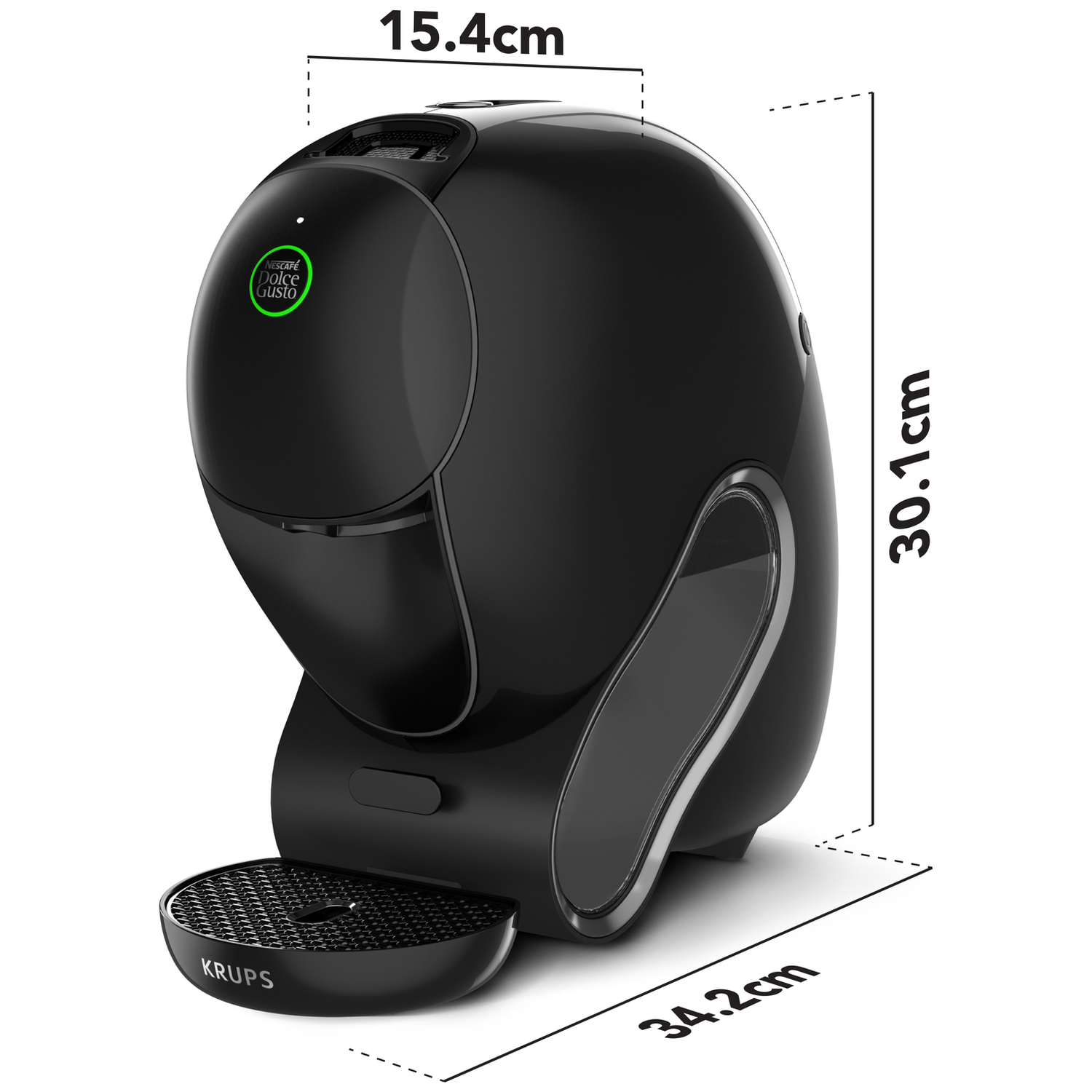 Zwarte koffiemachine met Nescafé Dolce Gusto logo en afmetingen.