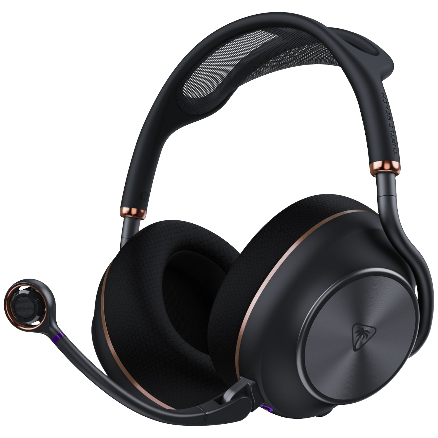 Zwarte Turtle Beach koptelefoon met roségouden accenten en microfoon.
