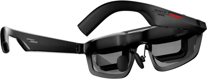 Fekete gamer szemüveg Bose és ROG logóval, piros LED jelző.
