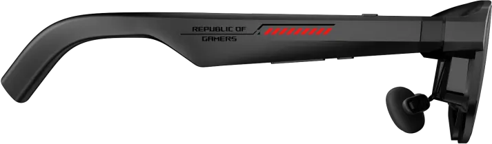 Fekete szemüveg "Republic of Gamers" logóval és piros díszítéssel.