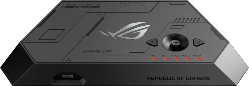Szürke gamer eszköz ROG logóval, "GAME ON" felirattal és piros LED-ekkel.