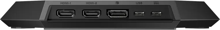 Egy fekete eszköz hátulja HDMI, USB és DC IN portokkal.