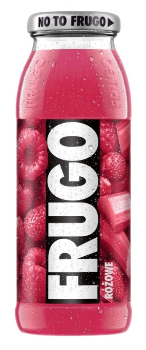 Butelka Frugo z malinami i rabarbarem, pokryta kroplami wody.