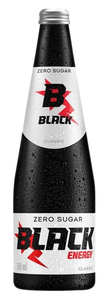 Czarna szklana butelka z logo "BLACK ENERGY", Zero Sugar.