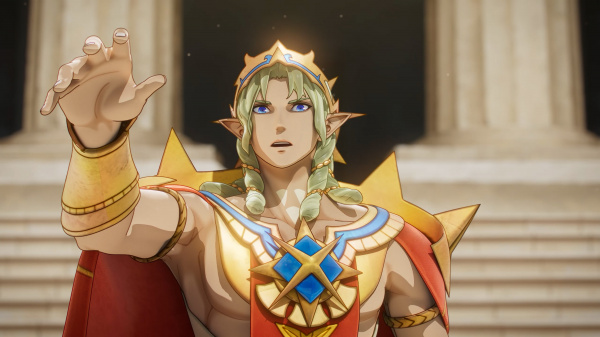 Blond elf z niebieskimi oczami, w ozdobnej złotej zbroi, wyciąga rękę.