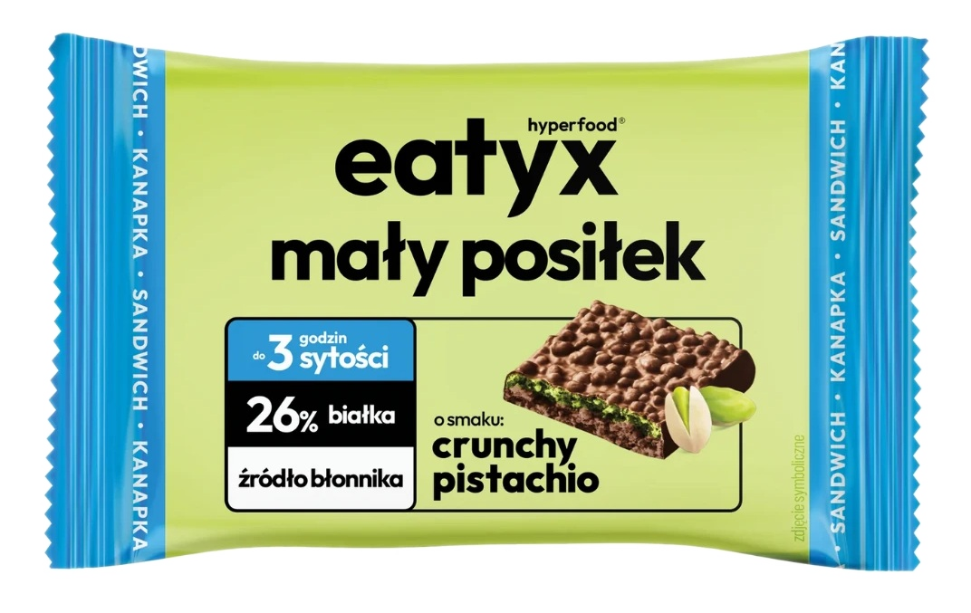 Opakowanie batona Eatyx o smaku chrupiącej pistacji, 26% białka.