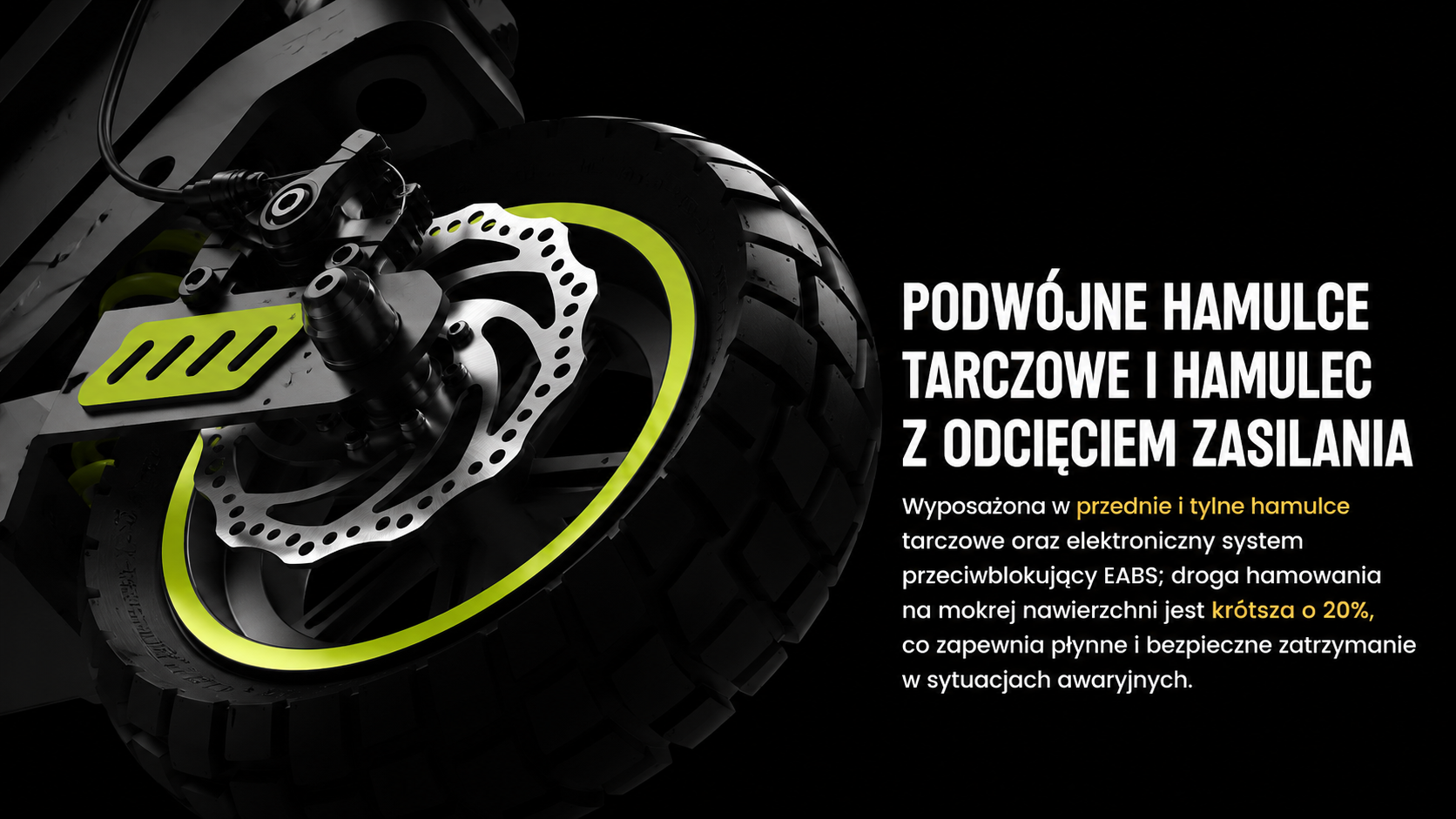 Zbliżenie układu hamulcowego tarczy skutera z żółtymi akcentami i tekstem.