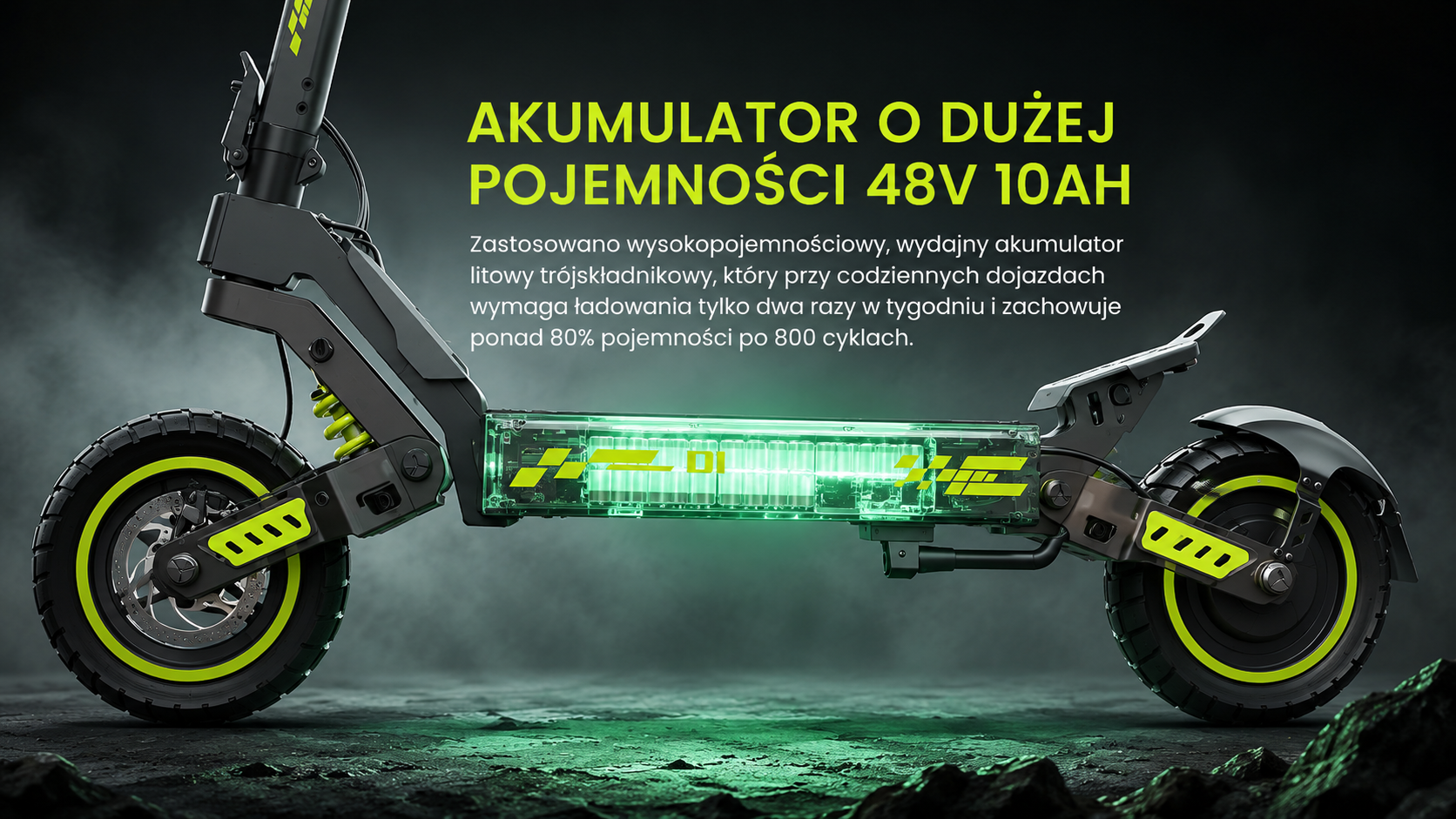 Hulajnoga elektryczna z akumulatorem 48V 10AH, świecąca zielona.