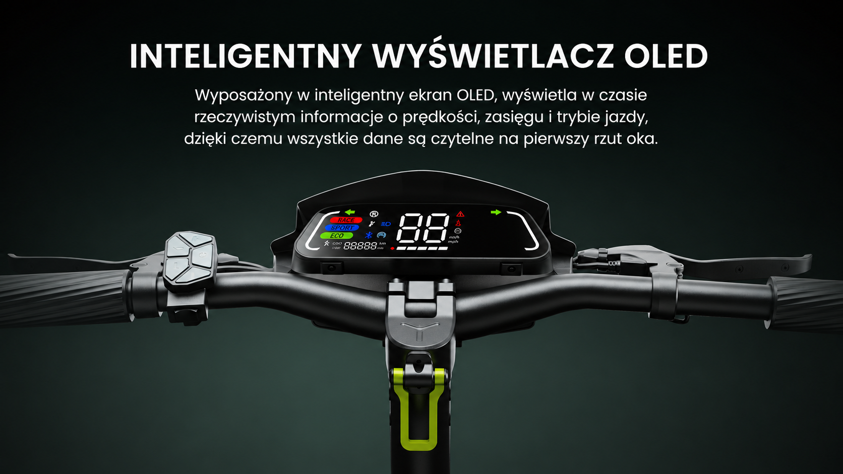 Inteligentny wyświetlacz OLED pokazuje prędkość, zasięg i tryb jazdy.