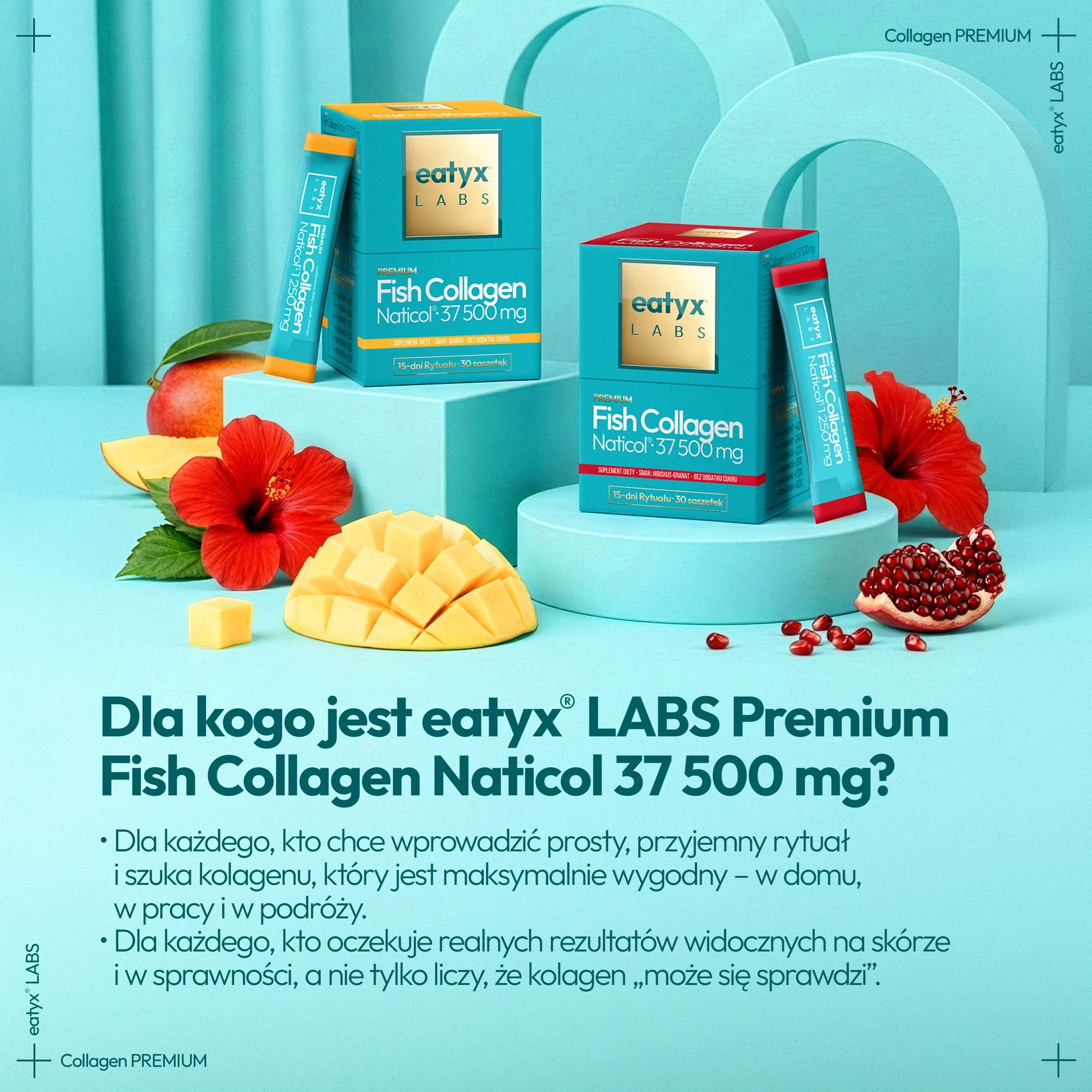 Dwie teczki i saszetka Eatyx Fish Collagen z owocami i kwiatami.