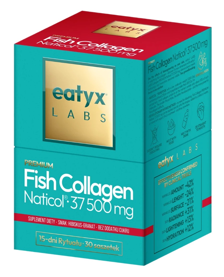 Turkusowe pudełko z kolagenem rybim w proszku, 37500 mg, marki Eatyx Labs.