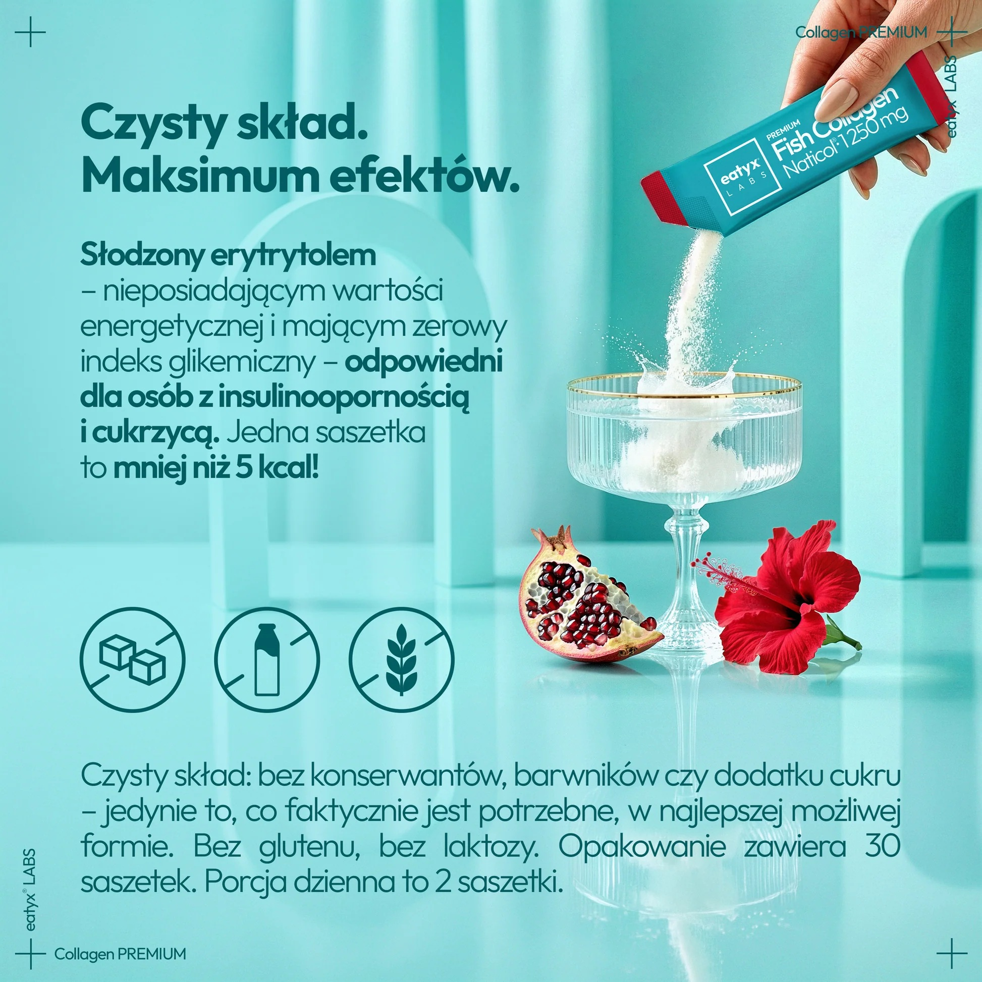 Saszetka z kolagenem rybim w proszku wsypywana do kieliszka. Granat i kwiat obok.