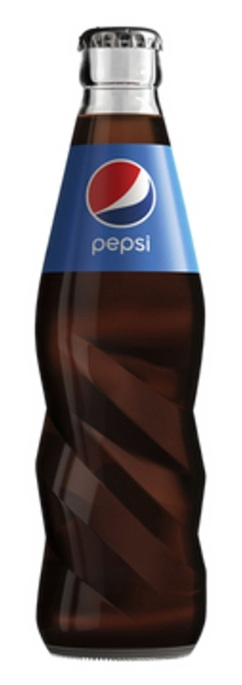 Szklana butelka Pepsi z brązowym płynem i niebieską etykietą.