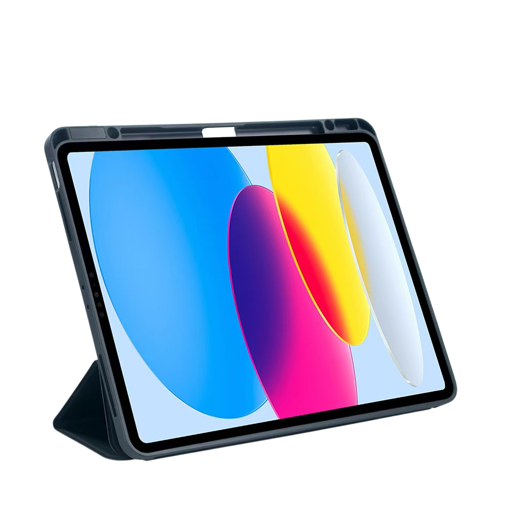 Ein Tablet mit einem dunklen Ständer und einem bunten Hintergrundbild.