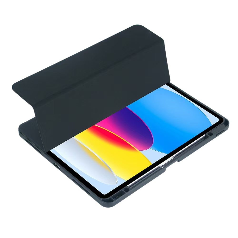 Ein Tablet mit einer dunklen Hülle, die teilweise geöffnet ist. Ein Stift liegt daneben.