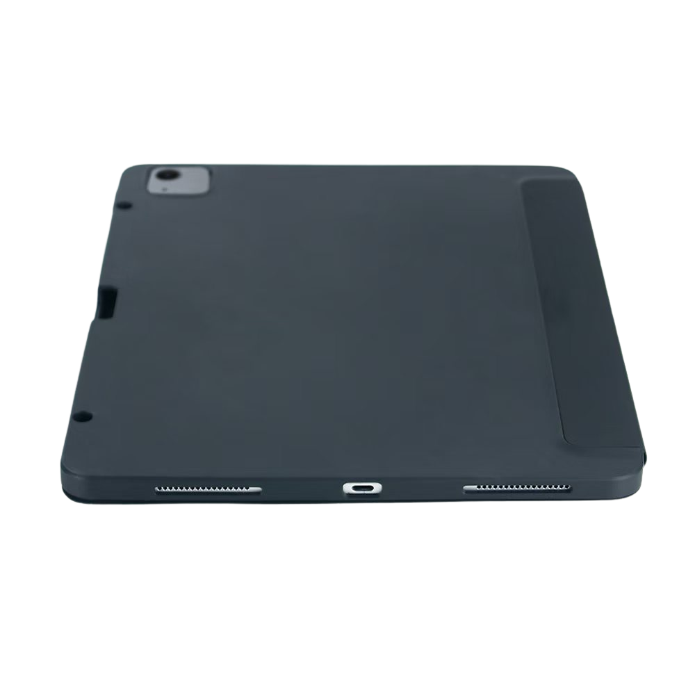 Dunkelgraues Tablet-Case mit Kameraaussparung und Ladeanschluss.