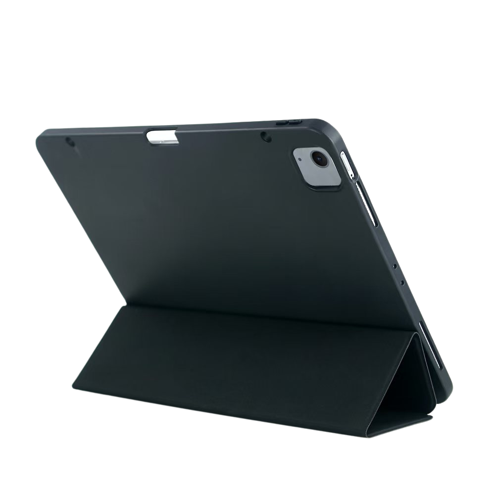 Ein dunkles Tablet mit Ständer im Querformat, isoliert auf schwarzem Hintergrund.