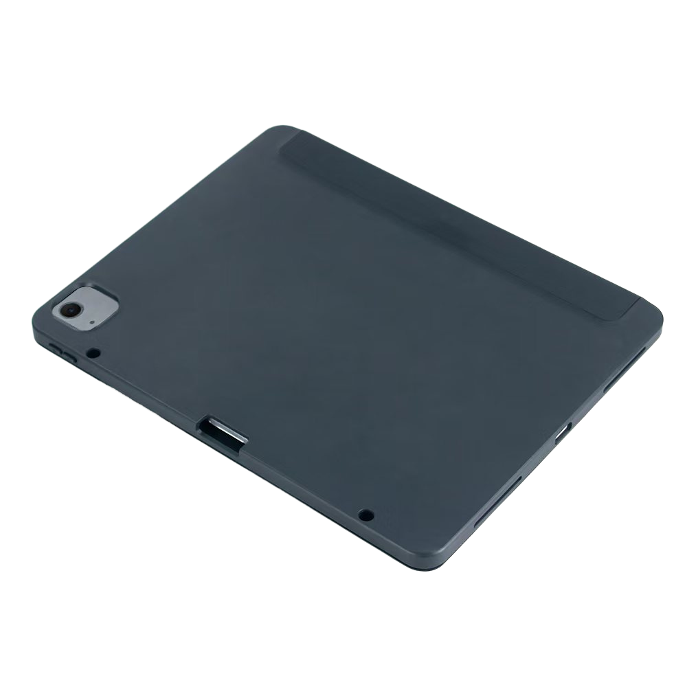Dunkelgraues Tablet mit Kamera und Ladeanschluss auf schwarzem Hintergrund.
