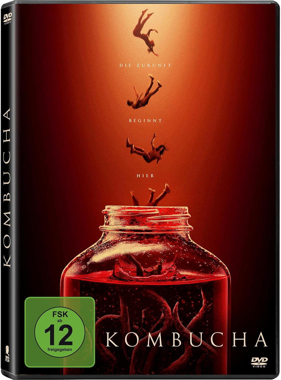 Eine rote Flüssigkeit in einem Glas mit Tentakeln. Menschen fallen von oben.