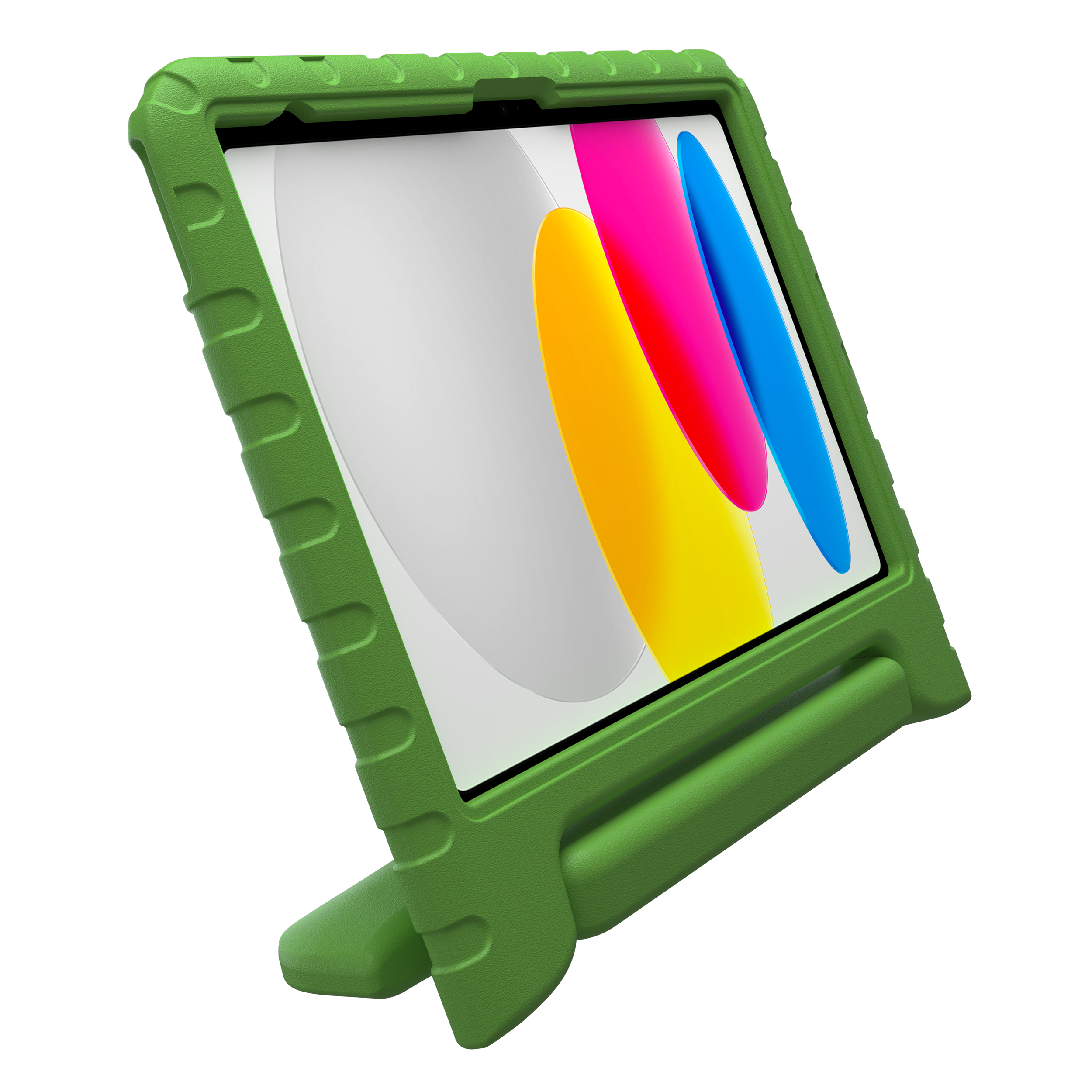 Grünes Tablet mit Ständer und buntem Hintergrund.