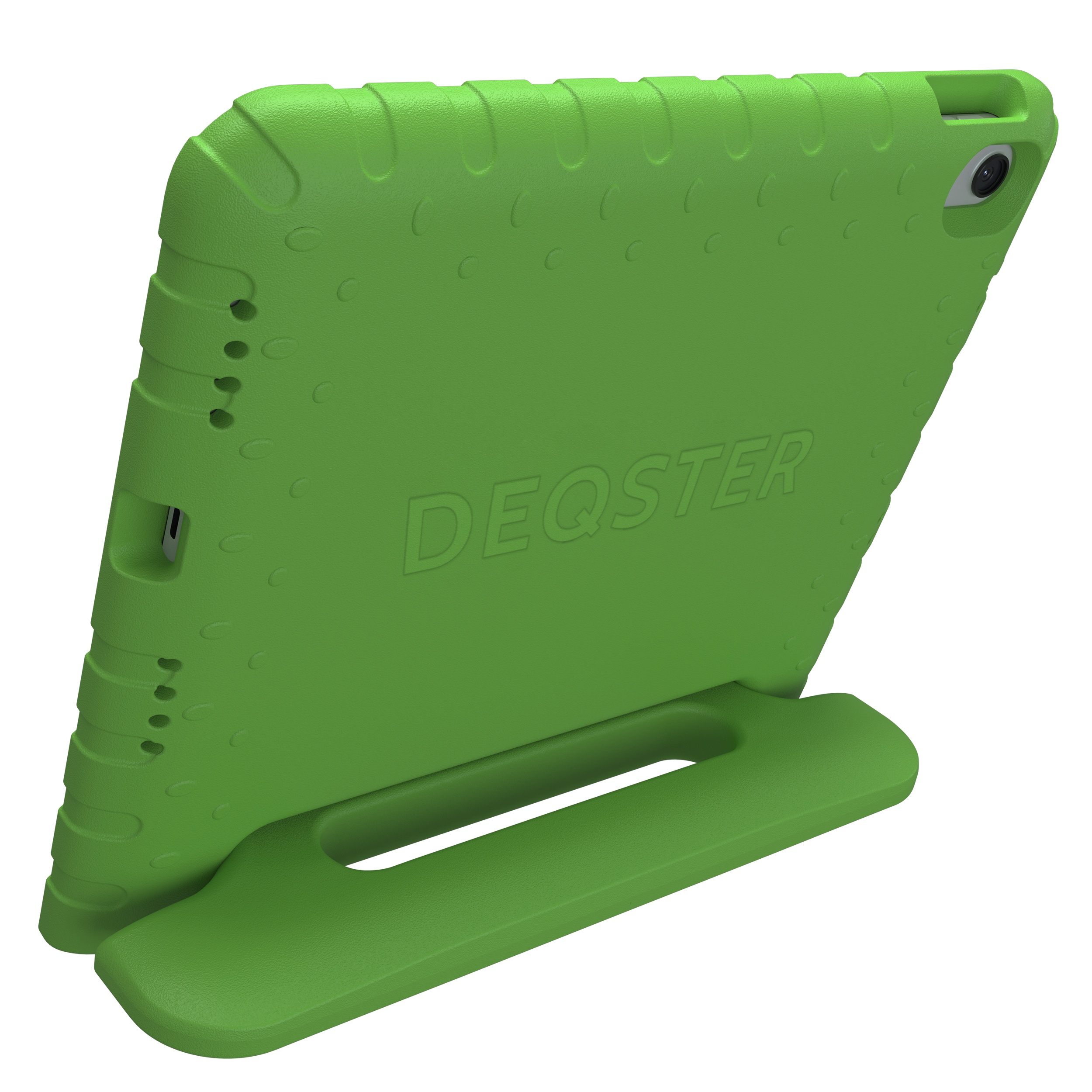 Grüne Tablet-Hülle mit Ständer und DEQSTER-Logo.