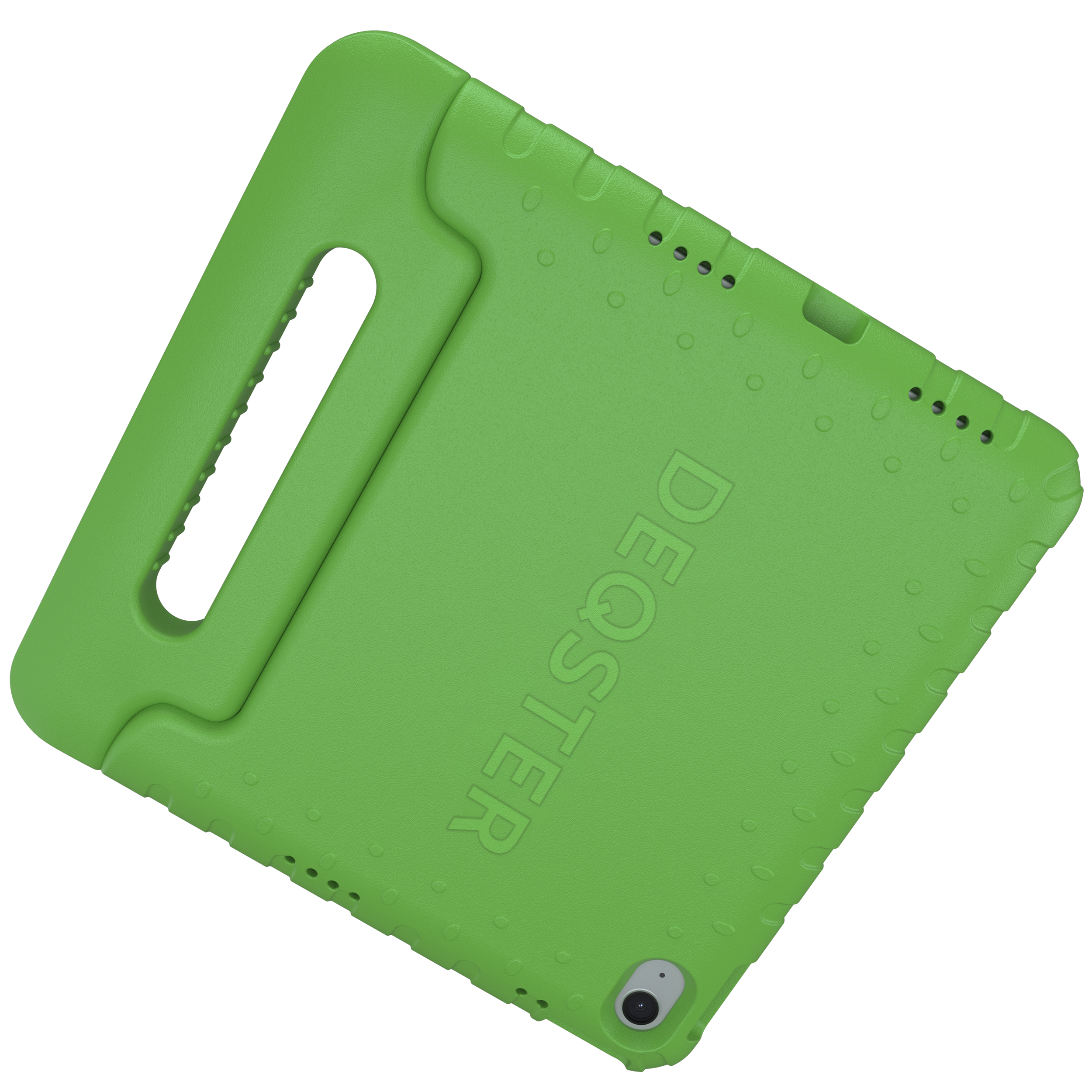 Grüne Tablet-Hülle mit Griff und geprägtem Logo.