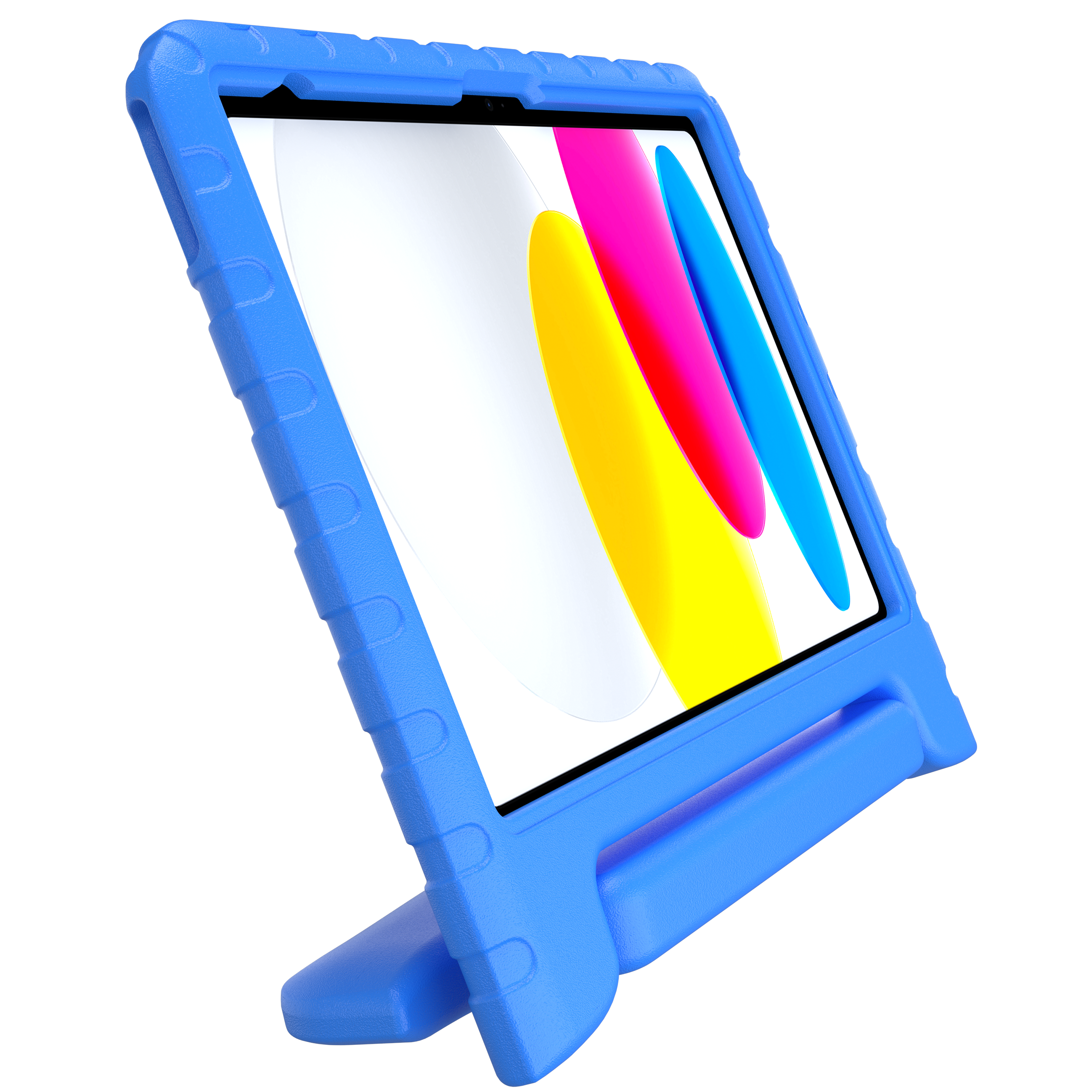 Blaues Tablet-Schutzgehäuse mit Ständer und Griff. Auf dem Bildschirm sind bunte Balken.