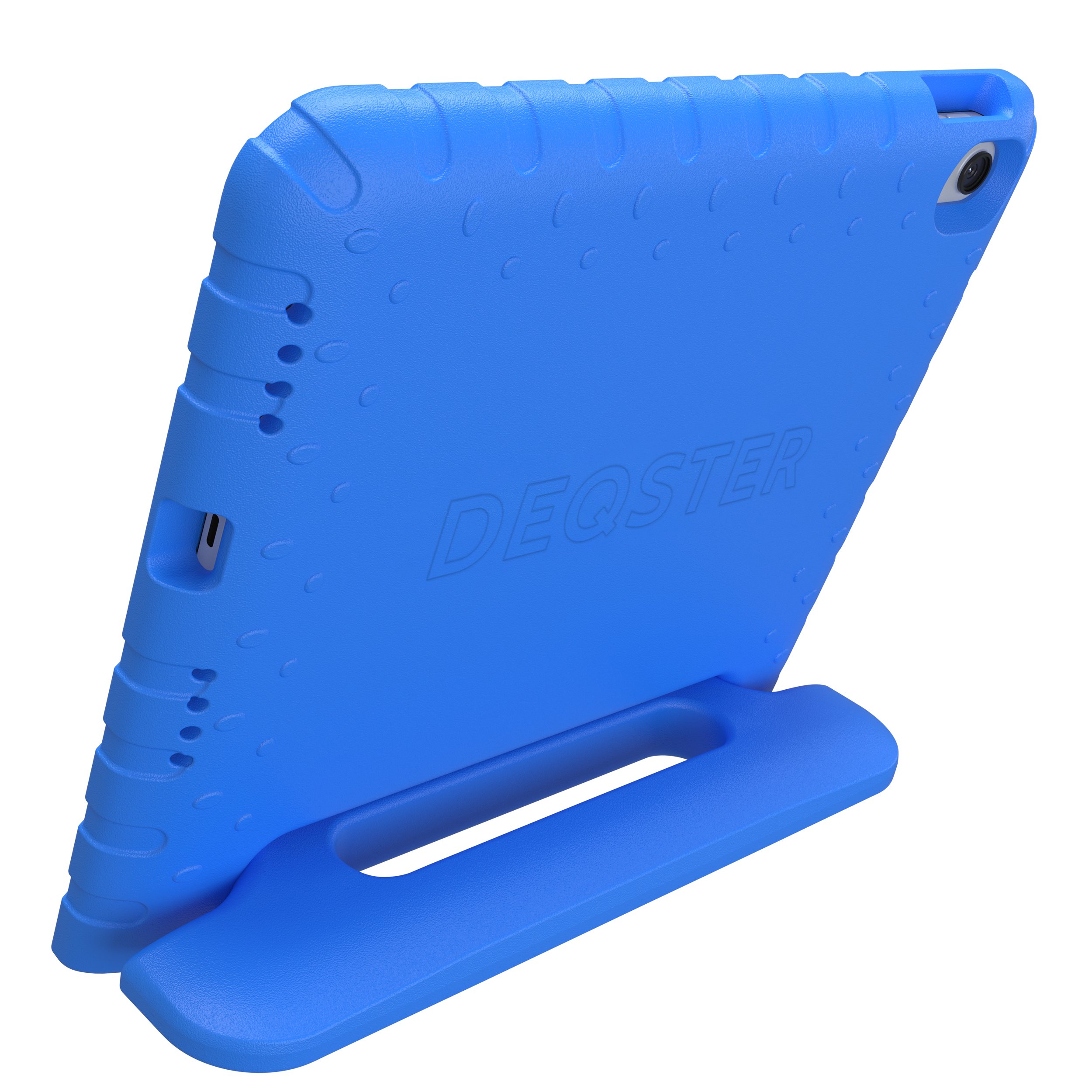 Blaue Tablet-Hülle mit Ständer und DEQSTER-Logo. Kameraaussparung oben.