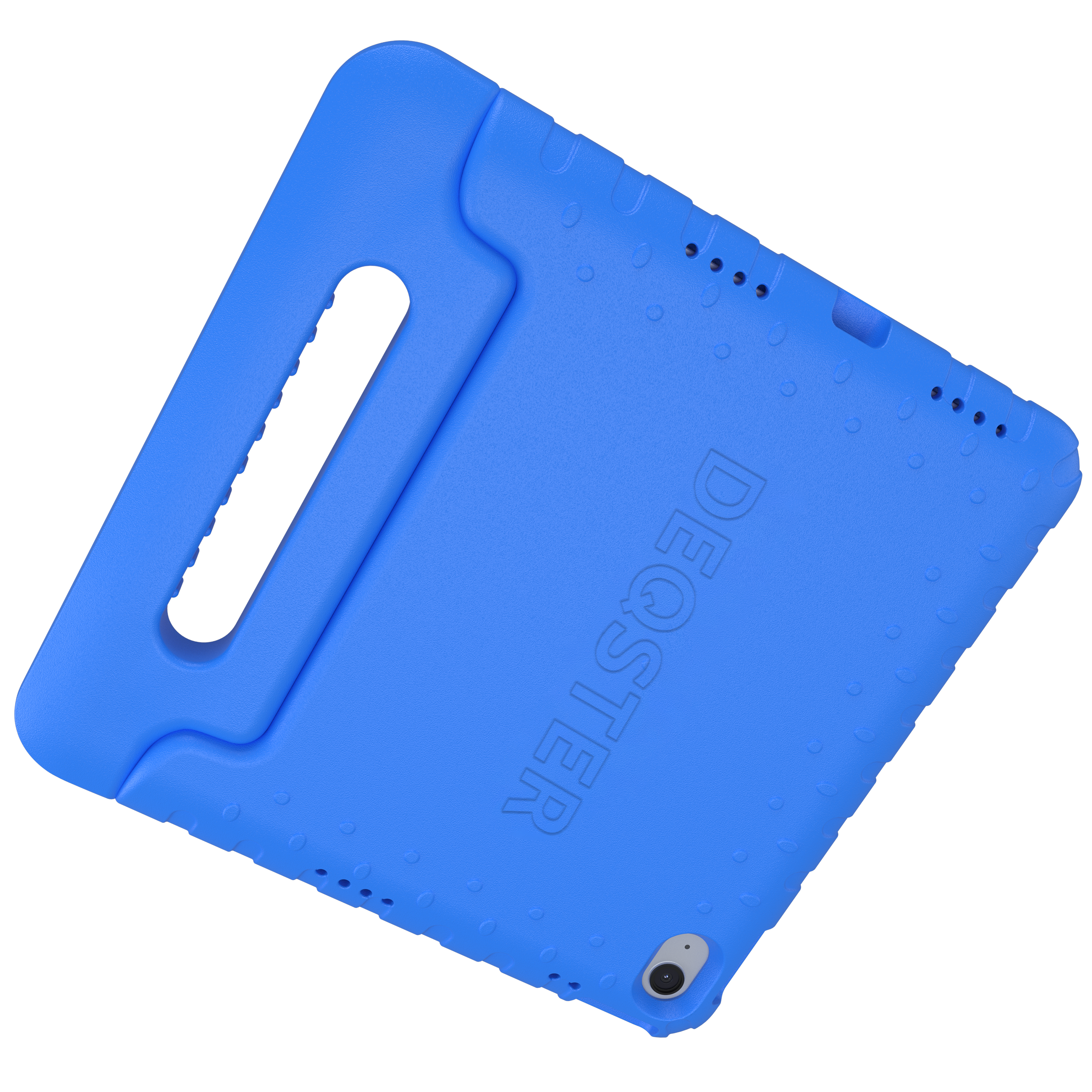 Blaue Tablet-Hülle mit Griff und Kameraaussparung auf schwarzem Hintergrund.
