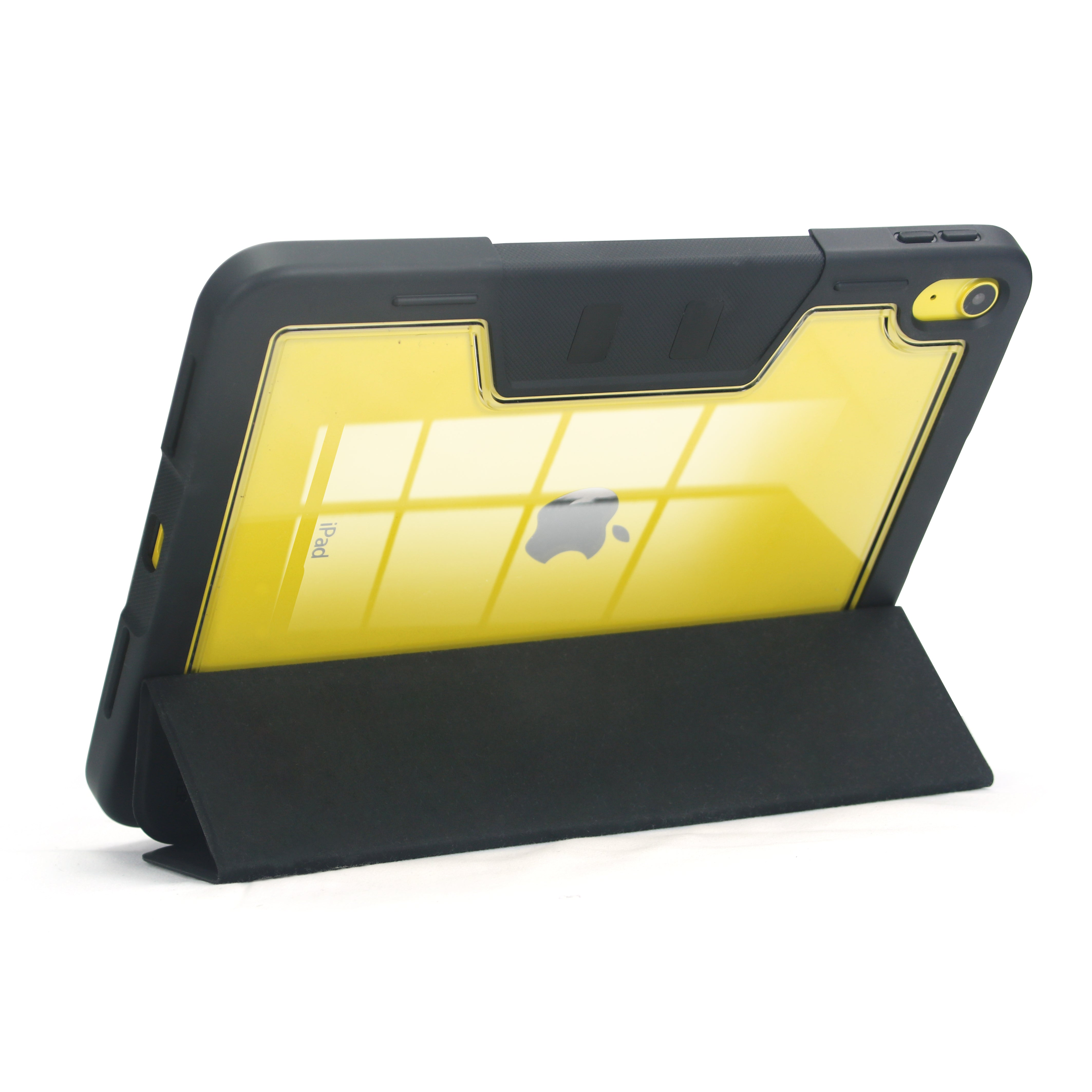 Ein schwarzer und gelber iPad-Schutz mit Ständer