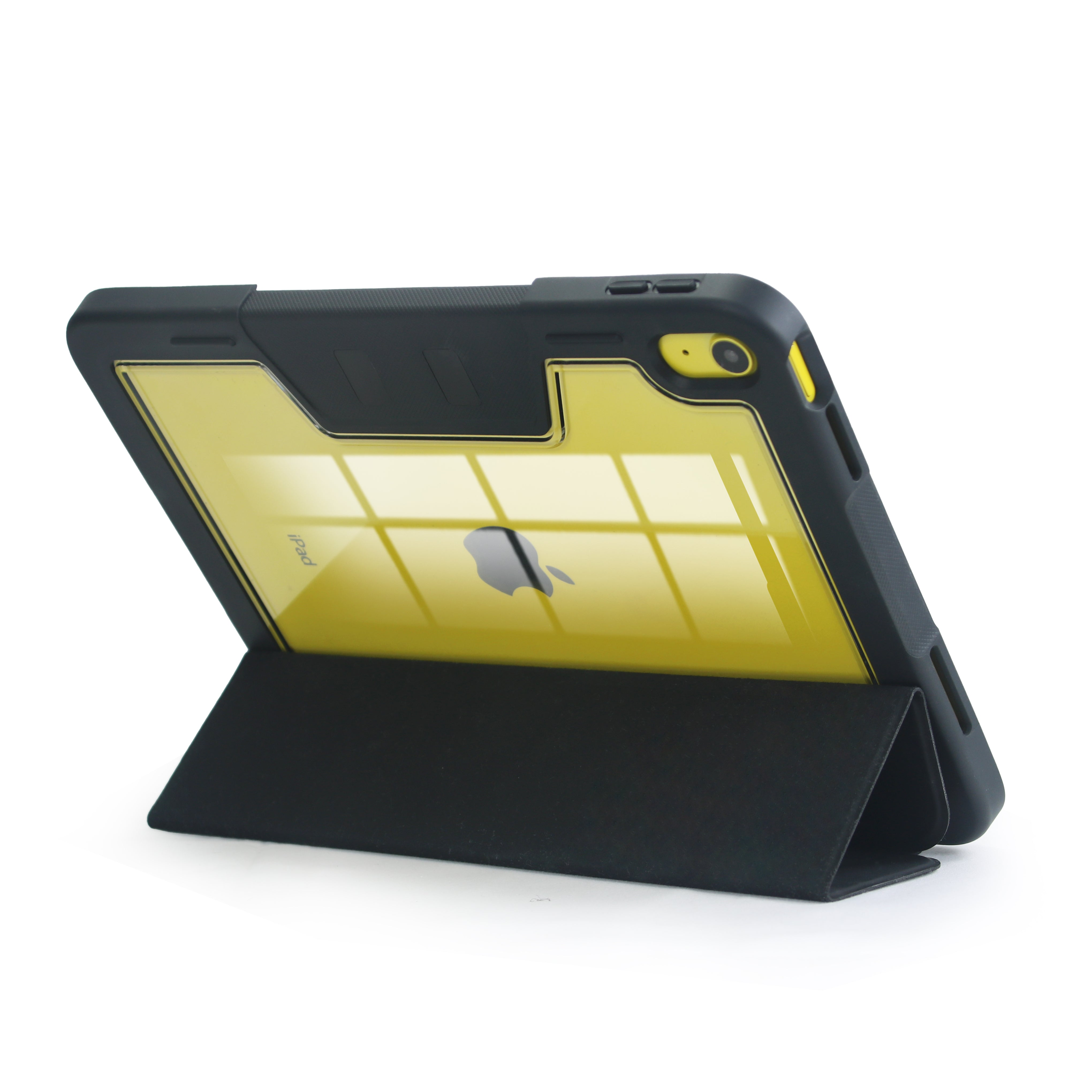 Ein schwarzes iPad-Case mit durchsichtigem gelben Rücken, aufgestellt.