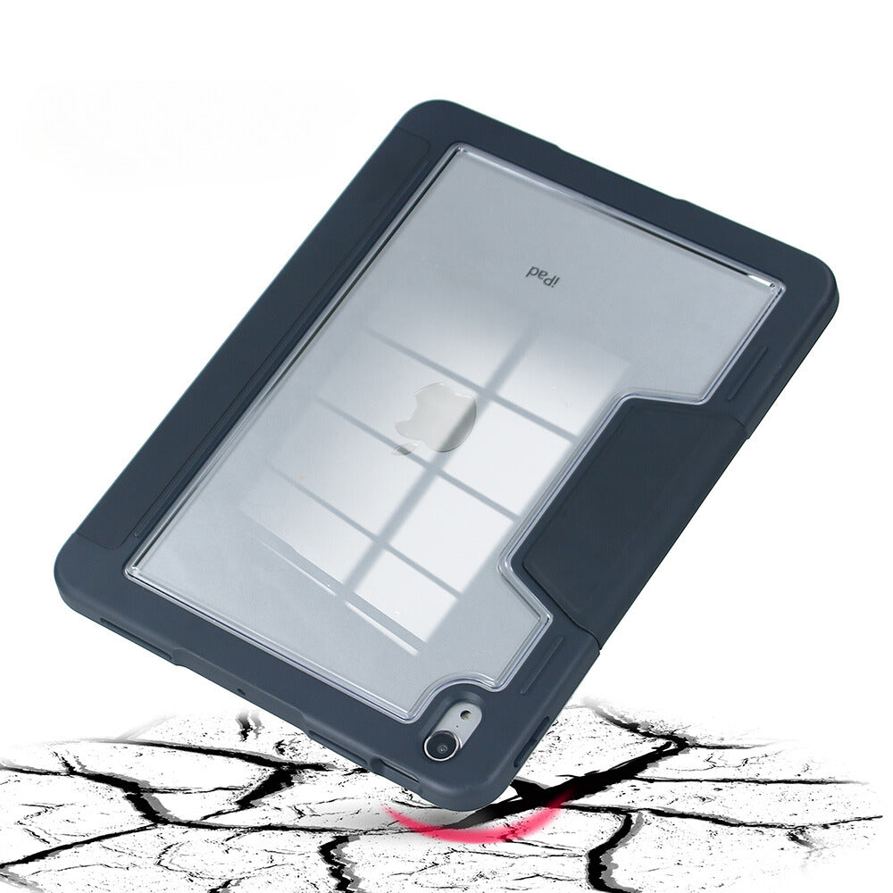 Graues iPad-Schutzgehäuse mit klarem Rückenteil auf zerbrochenem Boden.