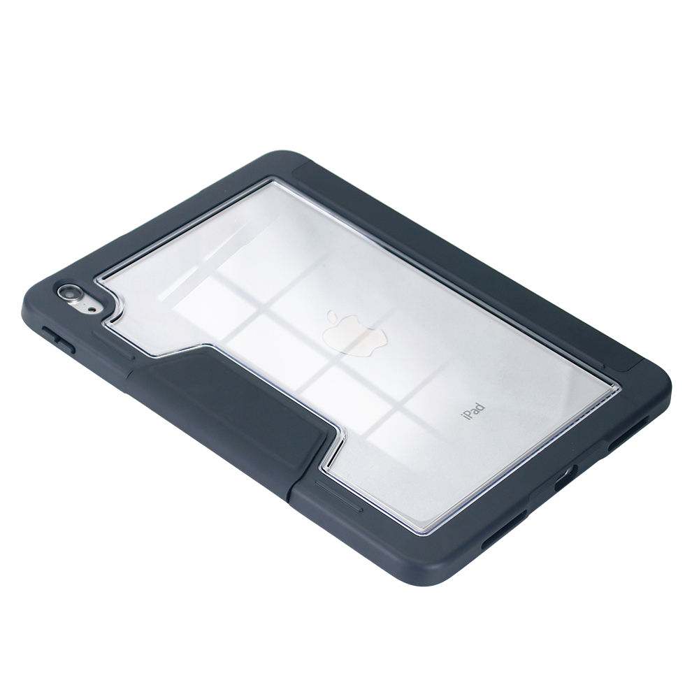 Dunkelgraue, robuste iPad-Hülle mit klarer Rückseite, die das Apple-Logo zeigt.