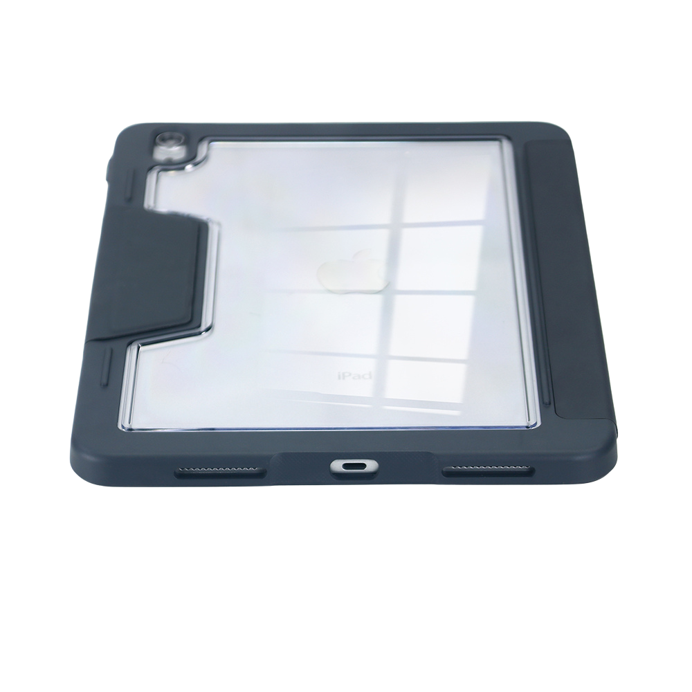 Ein graues iPad-Schutzgehäuse mit transparentem Deckel. Der Apfel ist sichtbar.