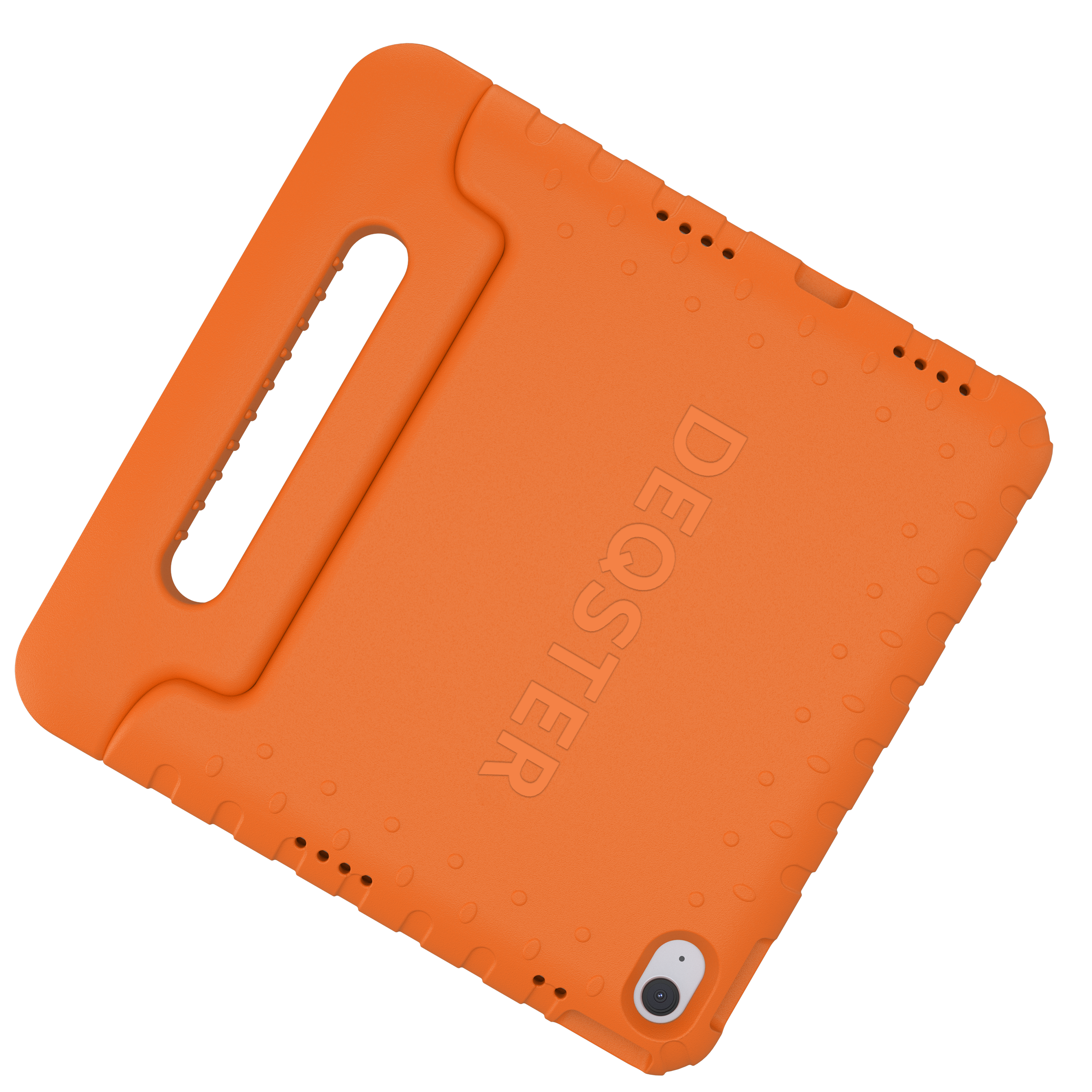 Orangefarbener Tablet-Schutz mit Griff und Prägung.
