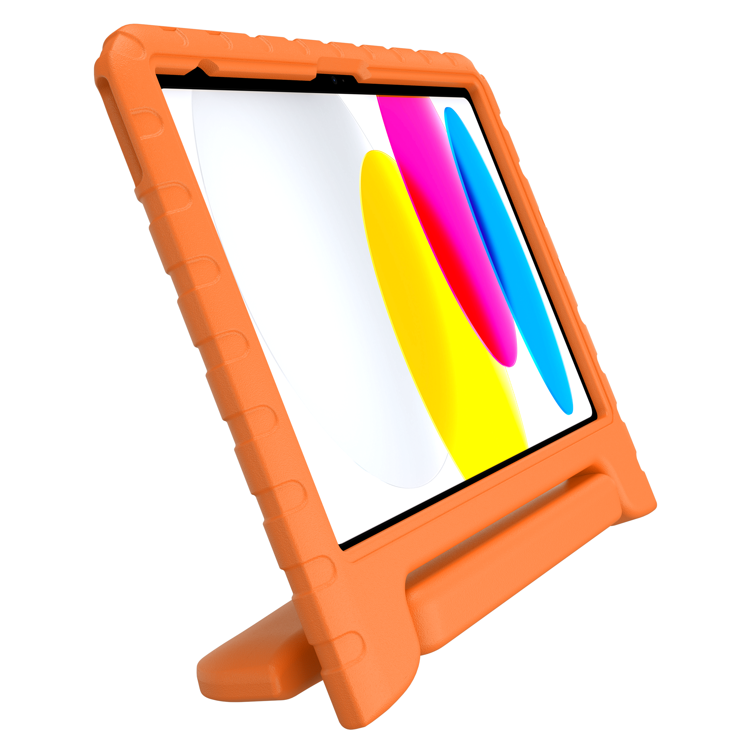 Ein orangefarner Tablet-Ständer mit integriertem Griff, der ein Tablet hält.