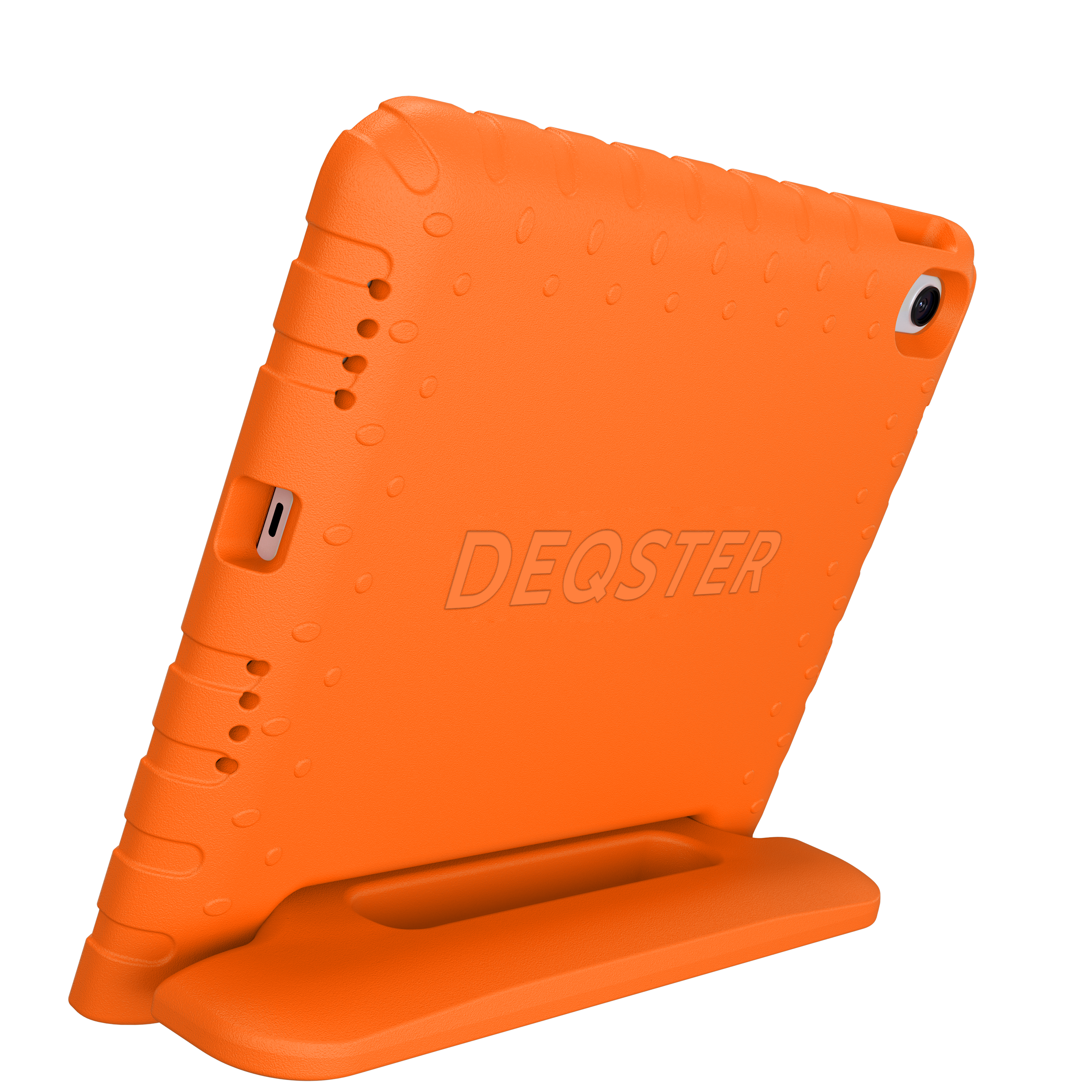 Orangefarbene Tablet-Hülle mit Griff und Ständer, auf schwarzem Hintergrund.