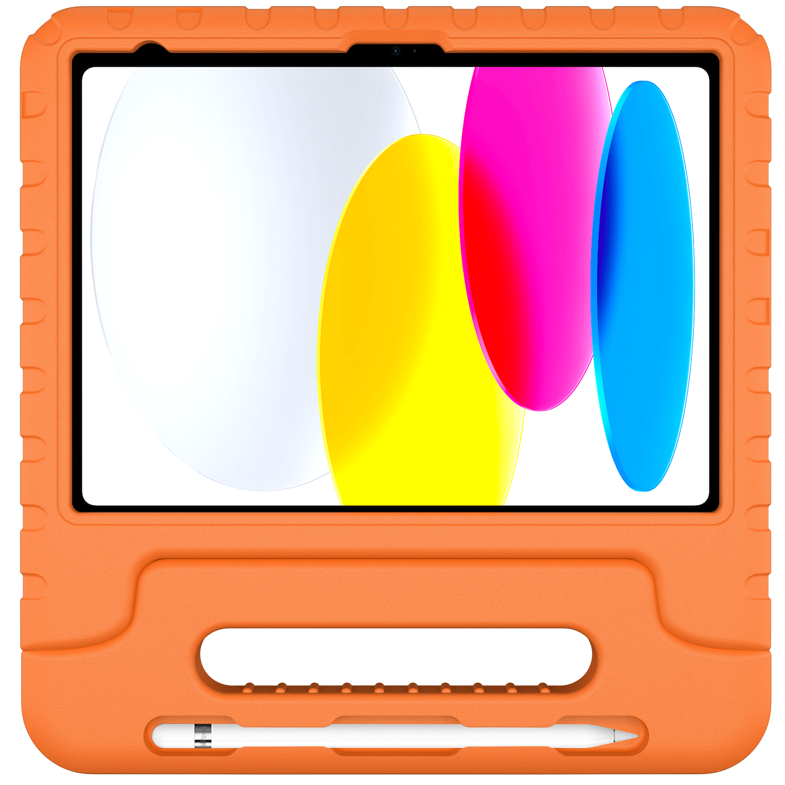 Orange Tablet Hülle mit Griff und Stifthalter. Bildschirm zeigt bunte Formen.