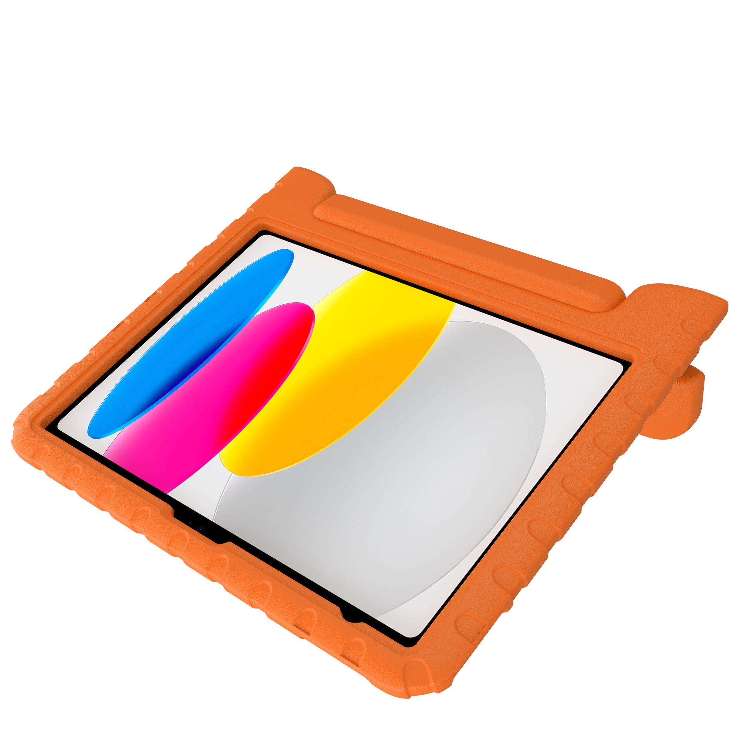 Ein orangefarbenes Tablet-Case mit einem Bildschirm, der bunte Formen zeigt.